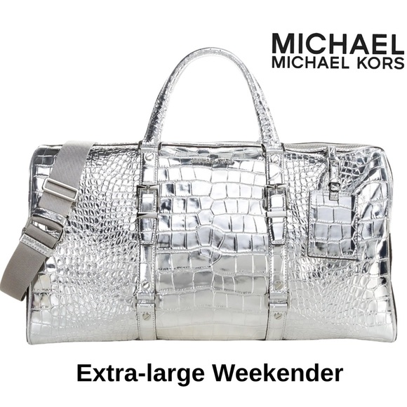 NWT $698 Michael Kors Bedford Travel XL Metallic Croc Embossed Leather Weekender - Picture 1 of 13